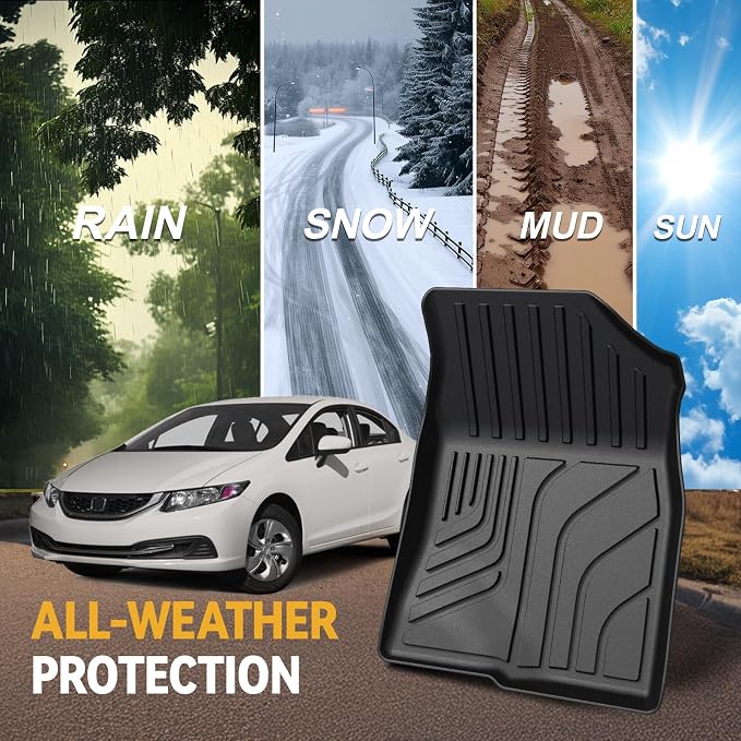 Floor Mats for Honda Civic Sedan 2012-2015, All Weather Floor Mats Trunk Cargo Liner and Door Sill Guards Accessories, Full Coverage Set (Not fit Coupe or Hybrid Models)