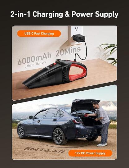 AstroAI V2 Mini High Power Portable Cordless Handheld Car Vacuum Cleaner, 6000mAh Battery & 12V DC, LED Light, Brush, Multi-Nozzles, 16.4 ft Cord Car Interior for Car, Home, Office, Pet Hair Cleaning