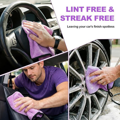 Tallew 12 Pcs Microfiber Towels for Cars, 800 GSM Plush Drying Cleaning Cloth Bulk, 16 x 16 Inch Thick Absorbent Wash Detailing Towels for Car Polishing, House, Kitchen Cleaning(Purple)