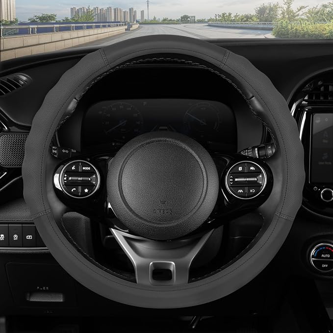 Motor Trend Soft Touch Leather Gray Steering Wheel Cover with Grooves, Advanced Traction Universal Fit for Standard Sizes 14.5 15 15.5 inches
