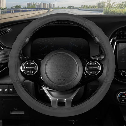 Motor Trend Soft Touch Leather Gray Steering Wheel Cover with Grooves, Advanced Traction Universal Fit for Standard Sizes 14.5 15 15.5 inches