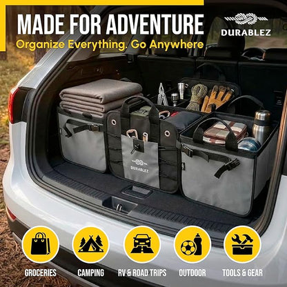 Modular 4-Section XL Trunk Organizer – Car Storage for Groceries, Tools, Sports Gear, Emergency Kits – Extra Large Multi-Compartment Cargo Box, Collapsible & Heavy Duty – Gray