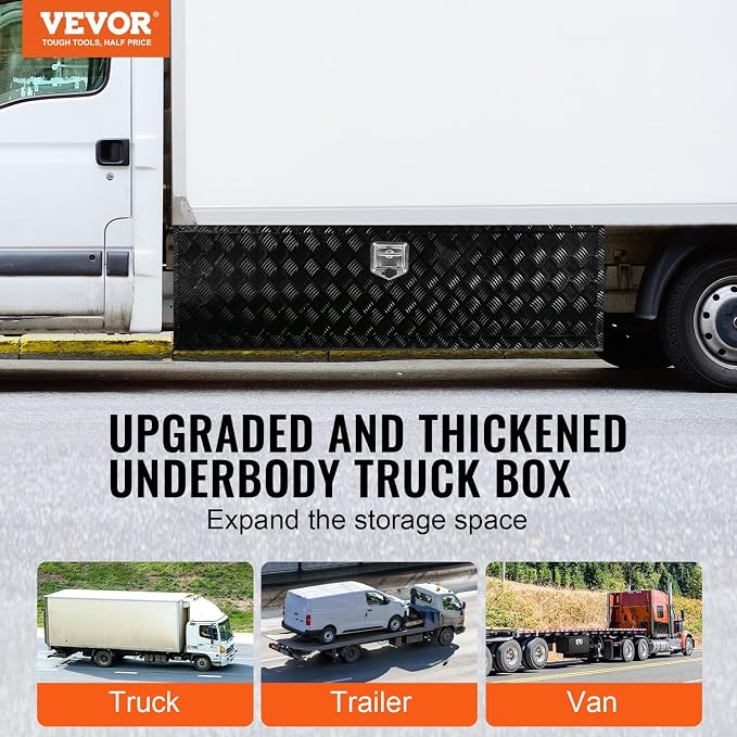 VEVOR Underbody Truck Box, 60" x 17" x 18" Pickup Storage Box, Heavy Duty Aluminum Diamond Plate Tool Box with Lock and Keys, Waterproof Trailer Storage Box with T-Handle Latch for Truck, Van, Trailer