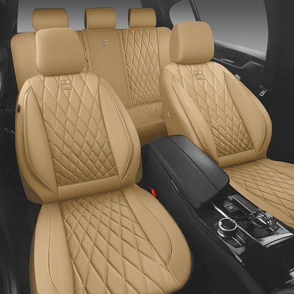 CAR PASS Piping Luxury Leather Seat Covers Full Set,5 Seats Leatherette Anti-Slip Waterproof Seat Covers Compatible with Front Armrests,Universal Fit for Suvs,Vans,Trucks,Airbag Compatible,Pure Beige