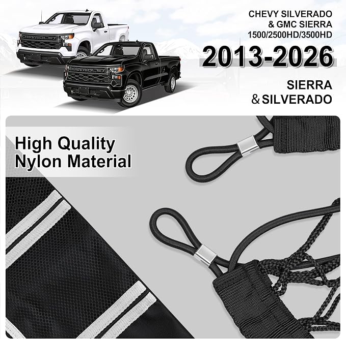 Amiss Truck Bed Cargo Net with Side Organizer,Fits for 2013-2026 Chevy Silverado & GMC Sierra 1500/2500HD/3500HD, Portable Storage for Pickup Cargo and Heavy Duty Hook, Car Exterior Accessories