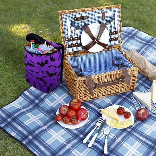Purple Bats Pattern Car Trash Can Leakproof Garbage Bag with Lid and Zipper 1.2Gal Trash Bin Hanging for Back Seat Halloween Car Accessories Universal Fit