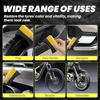 Tire Shine Gel & Wheel Cleaning Wax with Applicator Sponge, Long-Lasting Tire Dressing for Deep Black Wet Gloss Finish, UV Protection for Cars, Trucks, Motorcycles & RVs, 7oz/200g