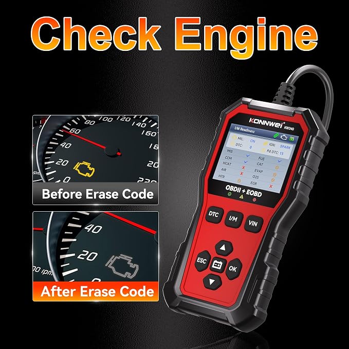 KONNWEI KW340 OBD2 Scanner Diagnostic Tool Code Reader for All OBDII Cars | Read & Clear Engine Codes, Live Data Stream, Battery Test, I/M Readiness, O2/EVAP Test, OBDII/EOBD