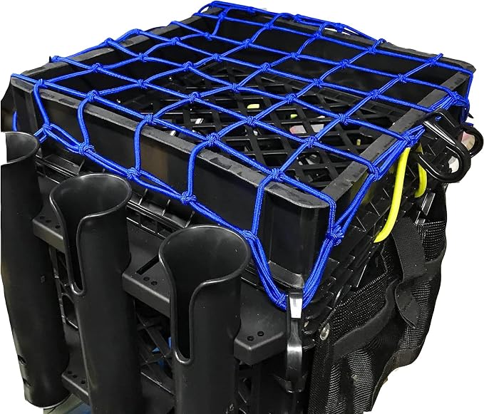 Small Cargo Net 15"x15" Stretches to 30"x30" with Thicken Hooks | Natural Latex Core, Tight 2”x2” Mesh Heavy Duty Bungee Net for Motorcycle Helmet, Bike, ATV, UTV, Luggage (Blue, 2 Pack)