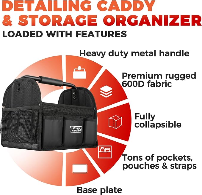 Detailing Caddy Organizer with Handle - Storage, Cars, & Cleaning Caddy for Supplies, Tools, & Home Improvement - Heavy Duty Car Detailing Supplies With Multi-Pockets & Collapsible Tote Design