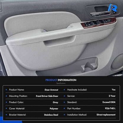 926-740 Door Panel Armrest Repair Fit for Chevy Silverado Suburban Tahoe Avalanche | Fit for GMC Sierra Yukon 2010-2014 | Fits Door Panel with Release Handle Above Armrest | Front Left Driver Side | Gray