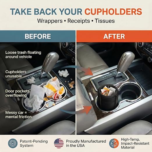Trash Trapper Car Trash Can Cup Holder | Mini Car Trash Can | Fits in Most Doors | 5.1" x 2.9" | Traps More & Empties Less, Patent-Pending Compaction, Holds Weeks of Small Garbage, Black/Orange
