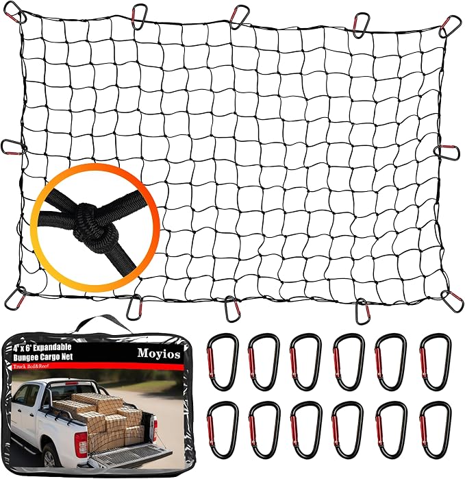 Heavy Duty Truck Bed Cargo Net (4'x6' to 8'x12') - 4"x4" Tight Mesh, 12 Metal Carabiners - Weather Resistant Latex Bungee Net for Pickup Trucks, Trailers, ATVs, Moving, Camping & Overlanding