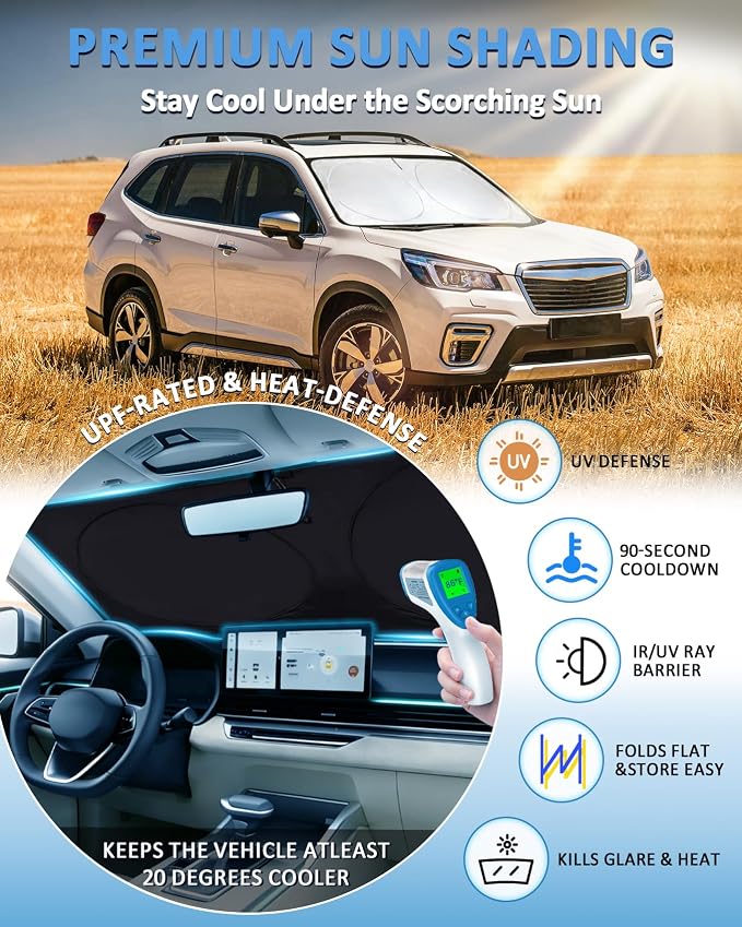 Sun Shade for Forester Windshield Sunshade Custom Fit 2014 2015 2016 2017 2018 Subaru Forester Accessories Front Window Cover Retractable Sun Visor Protector Keep Interior Cool UV Blocker