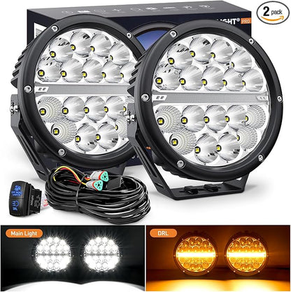 Nilight LED Offroad Driving Lights with Amber DRL 2PCS 7 Inch Round 90W IP68 Spot Flood Combo Work Light Bar with 12 AWG DT Connector Wiring Harness Kit for 4x4 Truck ATV UTV SUV