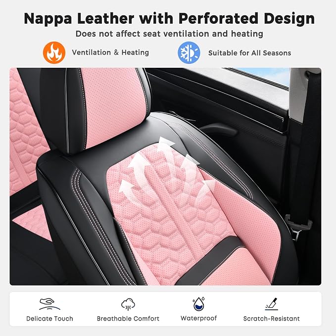 Huidasource Leather Seat Covers Full Set, Front and Rear Car Seat Covers, Full Wrap Automotive Car Seat Cushion Covers Protector Nappa Leather Fit for Most Cars SUV Trucks, Black & Pink