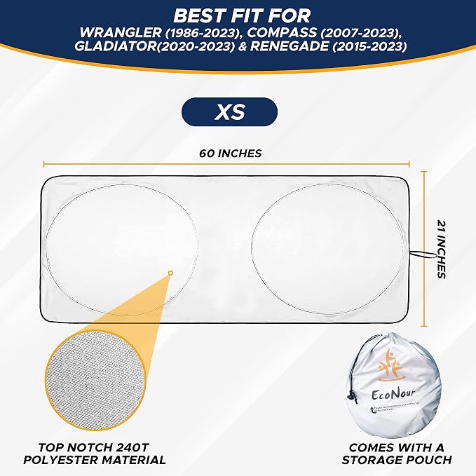 EcoNour Jeep Windshield Sunshade | Sun Visor for UV Rays & Heat Protection | Suitable for Wrangler, Gladiator | Jeep Accessories for Wrangler | X-Small - 60x21 Inches