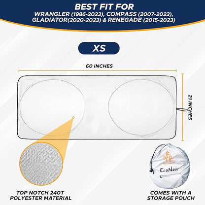EcoNour Jeep Windshield Sunshade | Sun Visor for UV Rays & Heat Protection | Suitable for Wrangler, Gladiator | Jeep Accessories for Wrangler | X-Small - 60x21 Inches