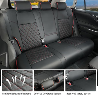 Lolcar RAV4 Seat Covers Custom Fit for Toyota RAV4 2019 2020 2021 2022 2023 2024 2025 LE,XLE,XLE Premium,Limited,Airbag Compatible,Seat Cover Full Set for SUV, Waterproof Leather（Black with Red Trim）