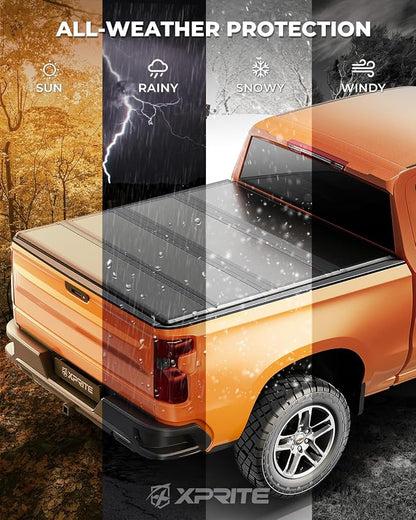Xprite FRP Hard Quad Fold Truck Bed Tonneau Cover Compatible with 2007-2026 Chevrolet Silverado/GMC Sierra 1500 Fleetside 4-Folding Chevy Bed Cover 5.8FT (69.6"), Excludes Classic Body