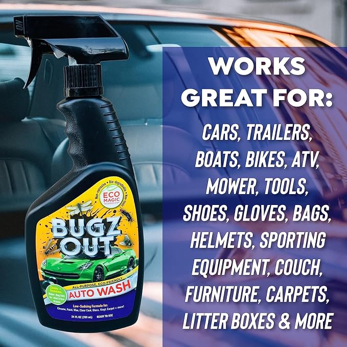 Bugz Out Car Bug Cleaner, Remover and Wash - Spray Bugs, Tar, Bird Poop Off Exterior of Car and Windshield. Remove Black Streaks Without Scratching or Removing Paint. 24 oz spray bottle with