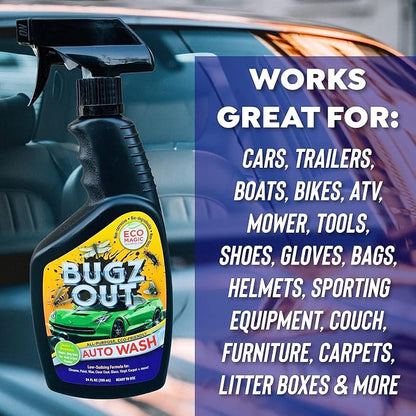 Bugz Out Car Bug Cleaner, Remover and Wash - Spray Bugs, Tar, Bird Poop Off Exterior of Car and Windshield. Remove Black Streaks Without Scratching or Removing Paint. 24 oz spray bottle with