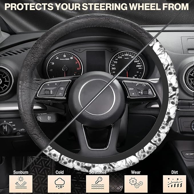 Halloween Skull Steering Wheel Cover, Anti-Slip Skeleton 15 Inches Car Steering Wheel Cover for Women Men, Neoprene Floral Car Accessories Protective Case for Vehicle Truck SUV