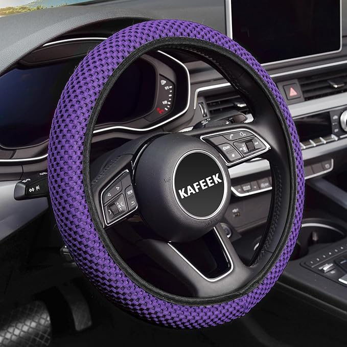 KAFEEK Elastic Stretch Steering Wheel Cover 15 Inch, Breathable Ice Silk Microfiber, Non-Slip Grip, Warm in Winter and Cool in Summer, Odorless, Car Accessories Fit Cars, SUVs, Purple