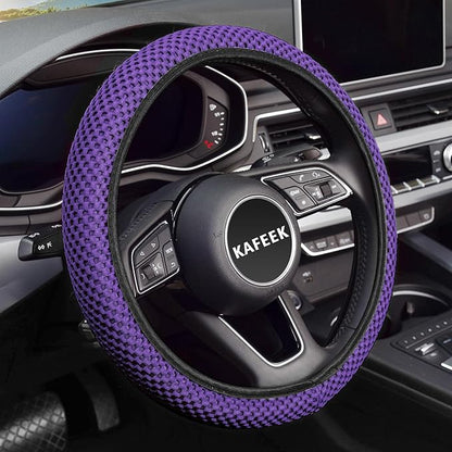 KAFEEK Elastic Stretch Steering Wheel Cover 15 Inch, Breathable Ice Silk Microfiber, Non-Slip Grip, Warm in Winter and Cool in Summer, Odorless, Car Accessories Fit Cars, SUVs, Purple