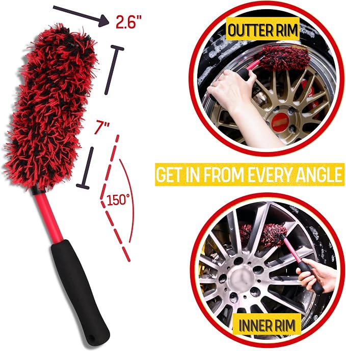 oesee Metal Free Microfiber Wheel Brush Kit- Microfiber Angled Wheel Brush, Long Handle Wheel Brush, Tire& Detailing Brush, Wheel Wash Mitt. Hands-On Wheel Detailing Kit for Daily Wheel Cleaning