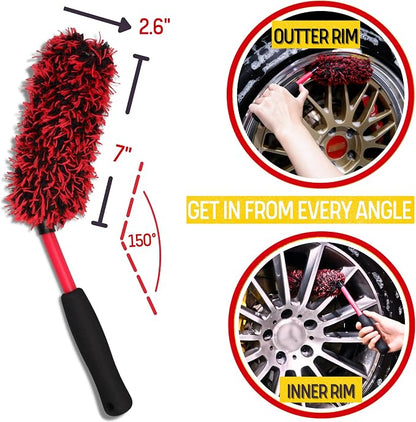 oesee Metal Free Microfiber Wheel Brush Kit- Microfiber Angled Wheel Brush, Long Handle Wheel Brush, Tire& Detailing Brush, Wheel Wash Mitt. Hands-On Wheel Detailing Kit for Daily Wheel Cleaning