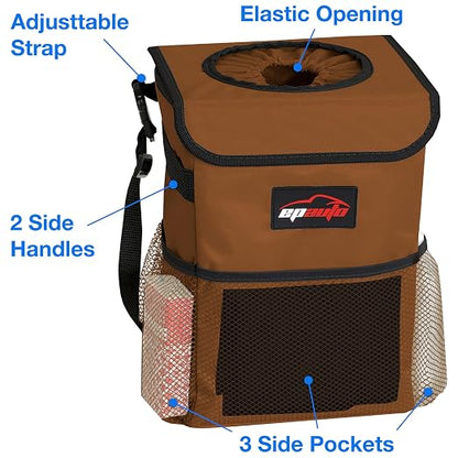 EPAuto Waterproof Car Trash Can with Lid and Storage Pockets, 2.5 Gallon Leakproof, Brown
