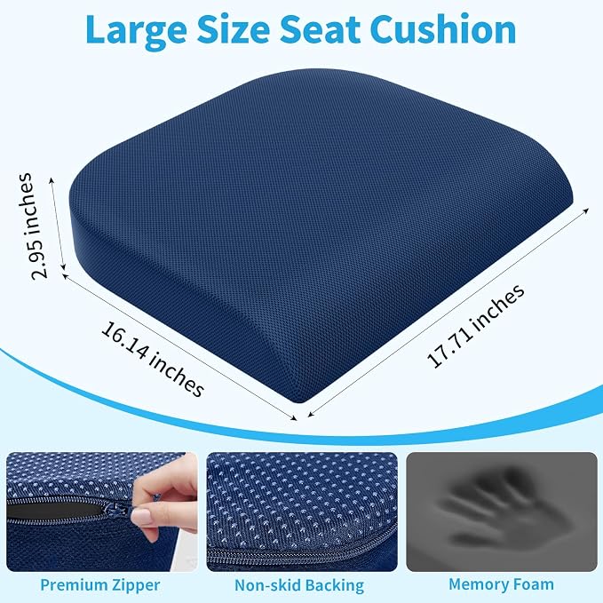 TranquilRelax Large Seat Cushion, Memory Foam Cushion for Long Sitting Hours on Office Chair, Home & Car, Non-Slip Chair Pad for Relieving Back & Sciatica & Hip & Coccyx Pain (Blue)