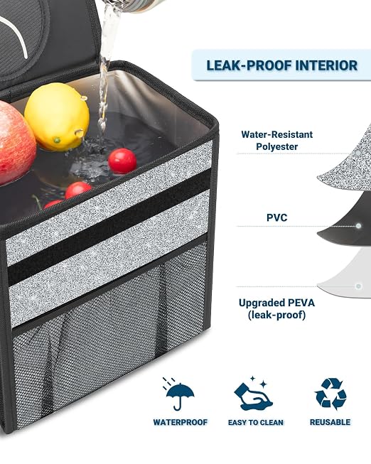 Capolo Car Trash Can with Lid, Leakproof Car Trash Bag Hanging Waterproof Automotive Garbage Can with Storage Pockets Mini Vehicle Trash Bin for Back/Front Seat(Silver Glitter,2.5 Gallon)