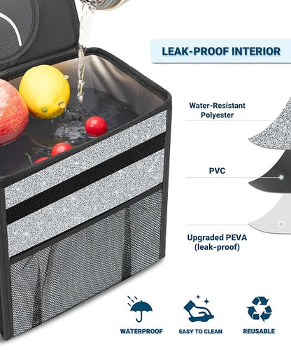 Capolo Car Trash Can with Lid, Leakproof Car Trash Bag Hanging Waterproof Automotive Garbage Can with Storage Pockets Mini Vehicle Trash Bin for Back/Front Seat(Silver Glitter,2.5 Gallon)