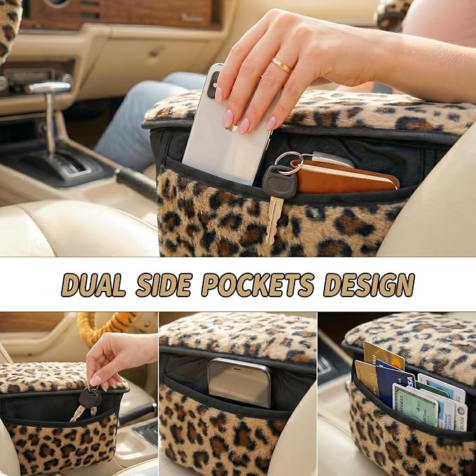 5 Pcs Fuzzy Animal Print Car Accessories Set, Soft Fluffy Plush Steering Wheel Cover, Center Console Armrest Pad & Rearview Mirror Cover - Interior Decorations for Women,Universal Fit (Leopard Print)