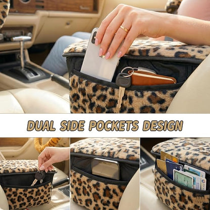 5 Pcs Fuzzy Animal Print Car Accessories Set, Soft Fluffy Plush Steering Wheel Cover, Center Console Armrest Pad & Rearview Mirror Cover - Interior Decorations for Women,Universal Fit (Leopard Print)