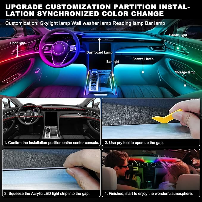 Dreamcolor Acrylic Interior Car LED Strip Light with Wireless APP, RGB 18 in 1 with 175 inches 612 LEDs Fiber Optic Strip Lights for Car, Dual Zone Symphony Neon Car Ambient Lighting