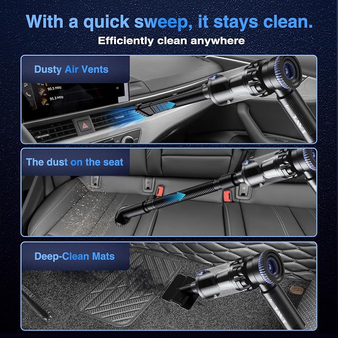Car Vacuum Portable Cordless, 19000PA Suction Power [3 Suction Modes] & 6000mAh Battery [USB-C Charging Cable], 4-in-1 Wireless Mini Handheld Cleaner for Home, Car, Pet, Office