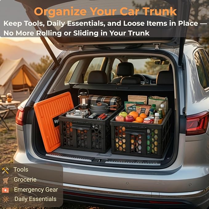 Mymazn Trunk Organizer Plastic for Car, Orange | Collapsible Crate Storage, With Lid, Waterproof Bag, Optional Insulated Cooler, For SUV, Groceries, Camping