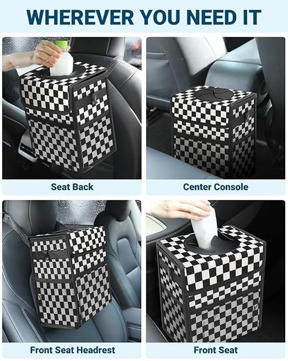 Capolo Car Trash Can with Lid, Leakproof Car Trash Bag Hanging Waterproof Automotive Garbage Can with Storage Pockets Mini Vehicle Trash Bin for Back/Front Seat(Black Checkerboard,2.5 Gallon)
