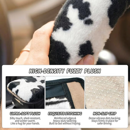 5 Pcs Fuzzy Animal Print Car Accessories Set, Soft Fluffy Plush Steering Wheel Cover, Center Console Armrest Pad & Rearview Mirror Cover - Interior Decorations for Women,Universal Fit (Cow Print)