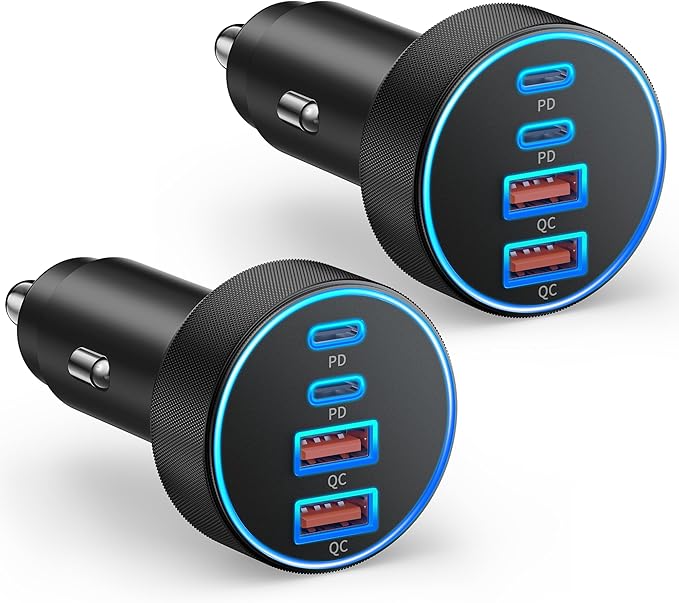2 Pack USB C Car Charger, 90W 4-Port Cigarette Lighter USB Charger Multiport Type C Super Fast Car Phone Adapter Accessories for iPhone 17 16 15 14 13 12 Pro Max, iPad, Galaxy S26 S25 S24, Android