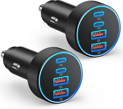 2 Pack USB C Car Charger, 90W 4-Port Cigarette Lighter USB Charger Multiport Type C Super Fast Car Phone Adapter Accessories for iPhone 17 16 15 14 13 12 Pro Max, iPad, Galaxy S26 S25 S24, Android
