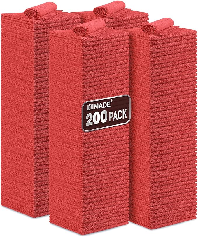 UNIMADE Shop Towel Rag, 200 Pack Reusable Rags Bulk Microfiber Cleaning Cloth Lint Free Towels for Car Kitchen Automotive Bar Mechanic Restaurant Garage, 11.5"x 11.5", Red