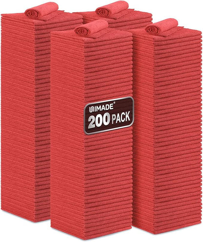 UNIMADE Shop Towel Rag, 200 Pack Reusable Rags Bulk Microfiber Cleaning Cloth Lint Free Towels for Car Kitchen Automotive Bar Mechanic Restaurant Garage, 11.5"x 11.5", Red