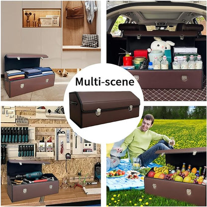 Car Trunk Organizer with Lid,Foldable Faux Leather Cargo Storage Box,3 Compartments,Collapsible Multi-Functional Organizer for SUV,Sedan and Vehicle Trunk