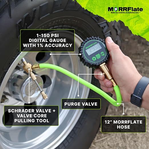 MORRFlate Single Tire Deflator | Rapid Air Deflator with 1-150 PSI Digital Gauge | Includes Purge Valve, 16 Inch Hose, and Rip Away Molle Panel Carrying Case