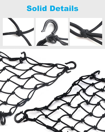 2 Pack Black Cargo Nets, Heavy Duty Latex 17"X17" Bungee Net Stretches to 34"x34", Gear Helmet Luggage Net with Tight 2.3"x2.3" Mesh & 12 Adjustable Plastic Hooks for Motorcycle, Bike, ATV