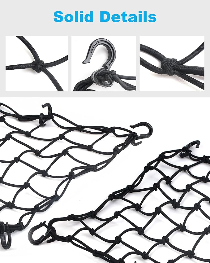 15.7"x15.7" Cargo Net, Heavy Duty Bungee Net Stretches to 31.5"x31.5", Gear Helmet Luggage Thicken Netting with 3"x3" Small Mesh & 6 Adjustable Metal Hooks for Motorcycle, Bike, ATV
